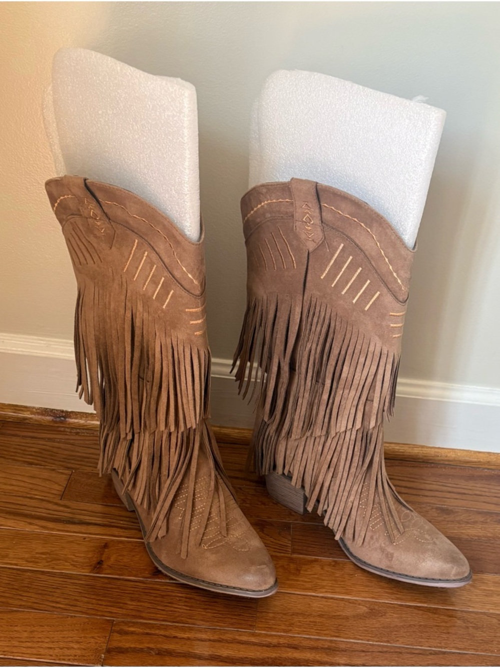 Soda Tan Suede Fringe Western Heeled Boots